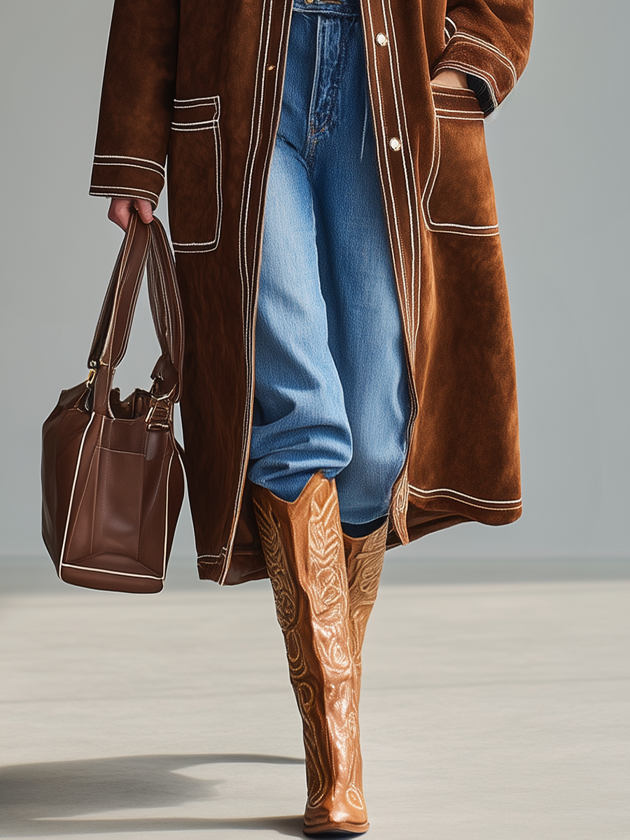 Veste Western Rétro en Faux Suède à Multiples Poches