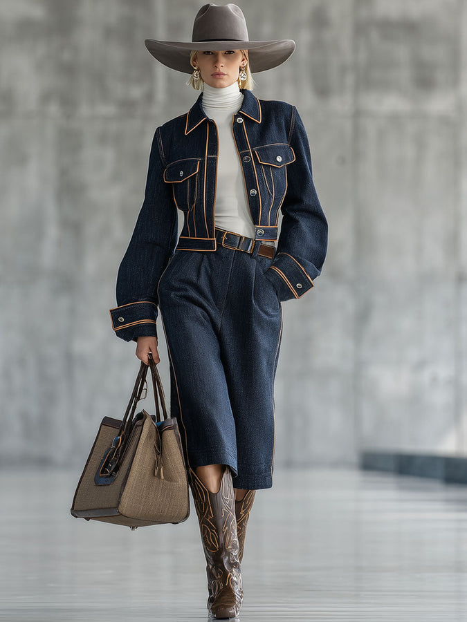 Ensemble Décontracté en Jean Navy avec Surpiqûres Rétro et Pantalon Court