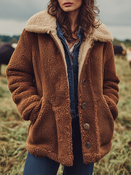 Veste courte en Sherpa au style vintage Western avec col élégant