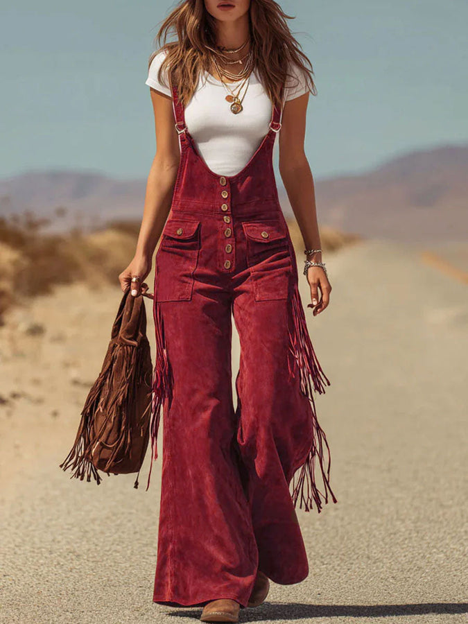 Salopette Oversize en Micro-Suède Marron avec Franges et Poches Pratiques