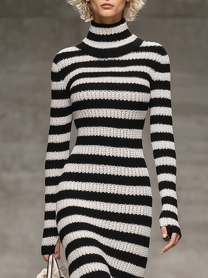 Robe Midi Fishtail Rayée Noir et Blanc avec Col Montant - Élégance Rétro