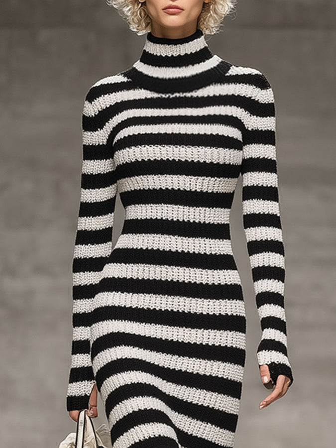 Robe Midi Fishtail Rayée Noir et Blanc à Col Montant - Chic Rétro en Tricot