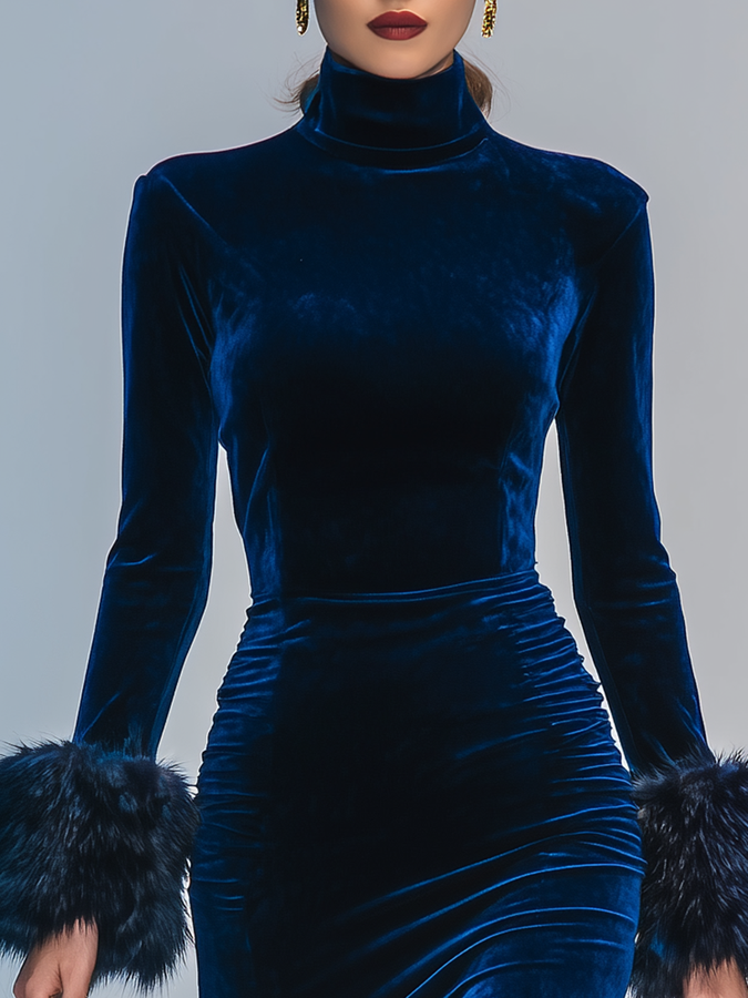 Robe Velours Chic et Séduisante à Col Montant, Manches Longues et Fente Audacieuse