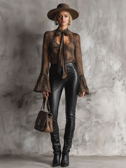 Chemise en Chiffon Léopard Marron à Manches Évasées - Style Rétro Chic
