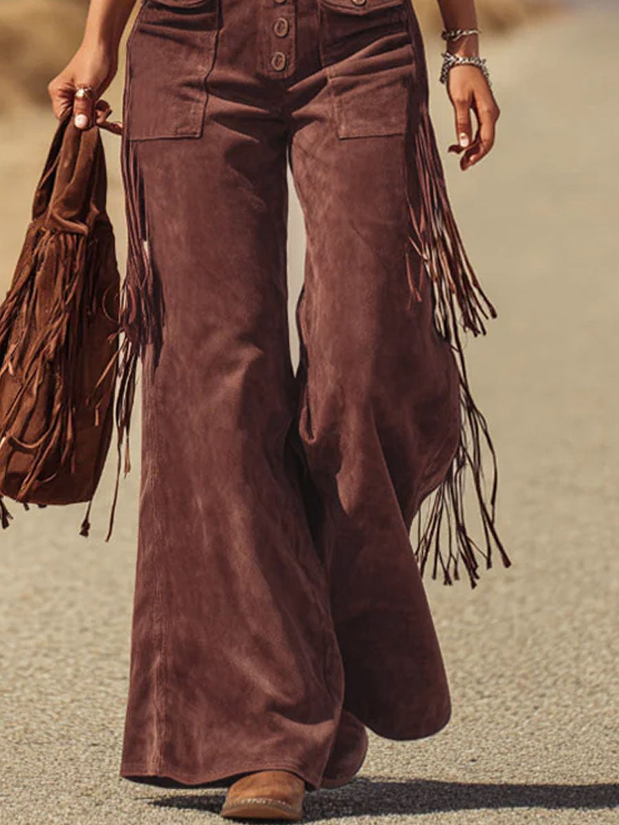 Salopette Marron en Micro-Suède avec Poches et Franges