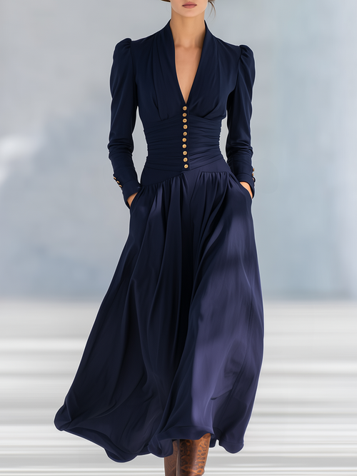 Robe Maxi Élégante à Manches Longues et Décolleté en V, Ornée de Boutons Chic