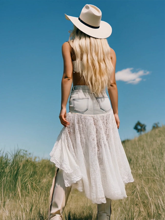 Jupe en denim patchwork avec dentelle - Une touche romantique et tendance, courte devant et longue derrière, expédition sous 24 heures !