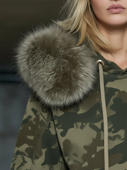 Ensemble Décontracté en Camouflage : Sweatshirt à Col en Fausse Fourrure et Pantalon Large