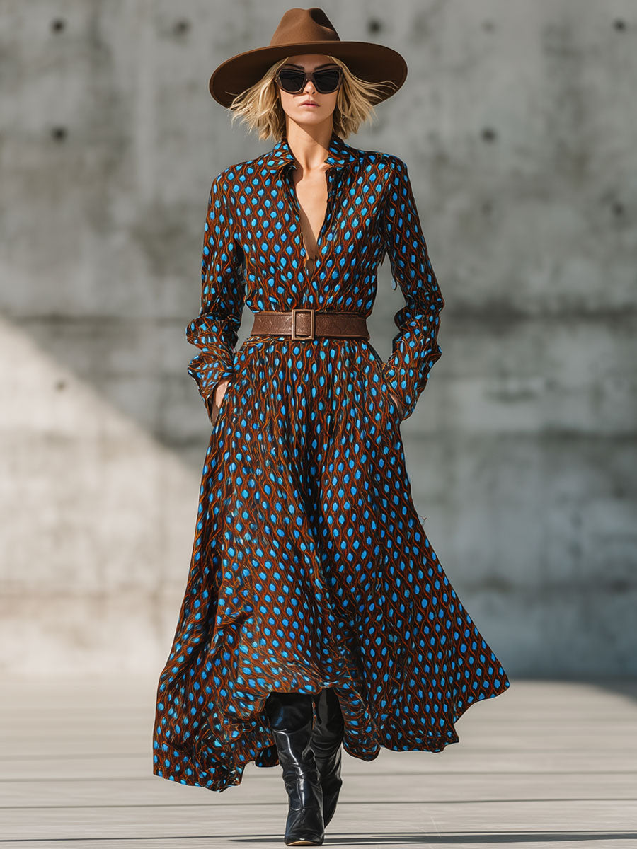 Robe Maxi Chemisier Vintage à Motif Diamant Bleu et Marron