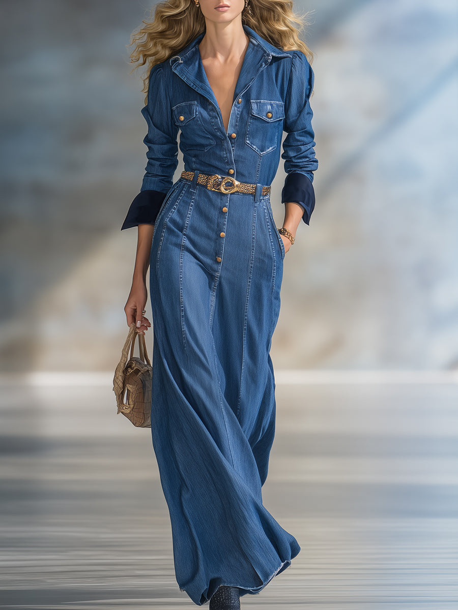 Élégante Robe Maxi en Jean Bleu Vintage