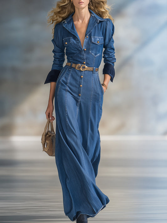 Élégante Robe Maxi en Jean Bleu Vintage