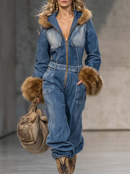 Salopette en Jean Bleu avec Capuche Vintage Wild West et Manches en Éco-Fourrure à Zip