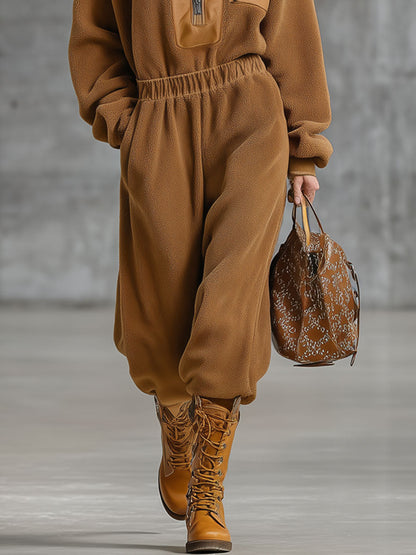Combinaison Zippée en Polaire Double Face Camel - Style Rétro et Confort Décontracté
