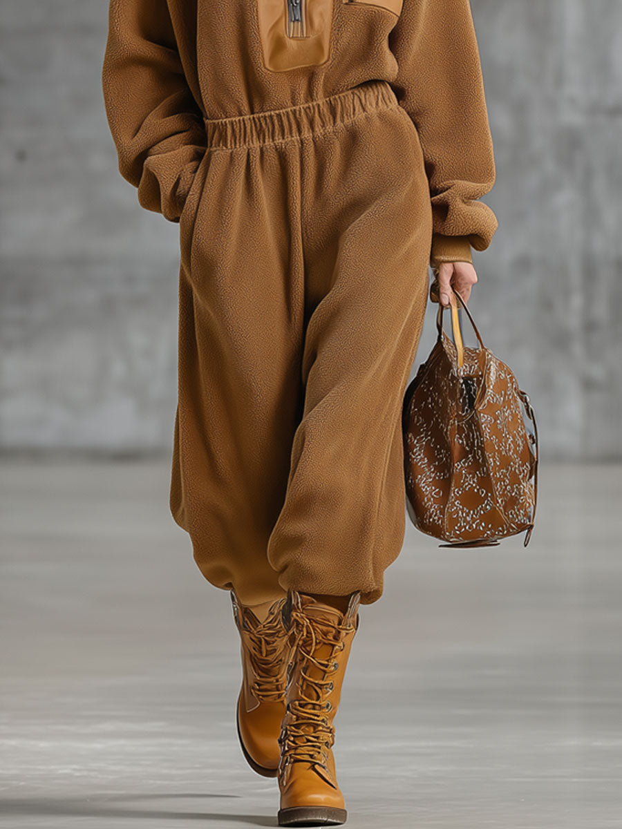 Combinaison Rétro en Polaire Double Face Camel avec Fermeture Éclair