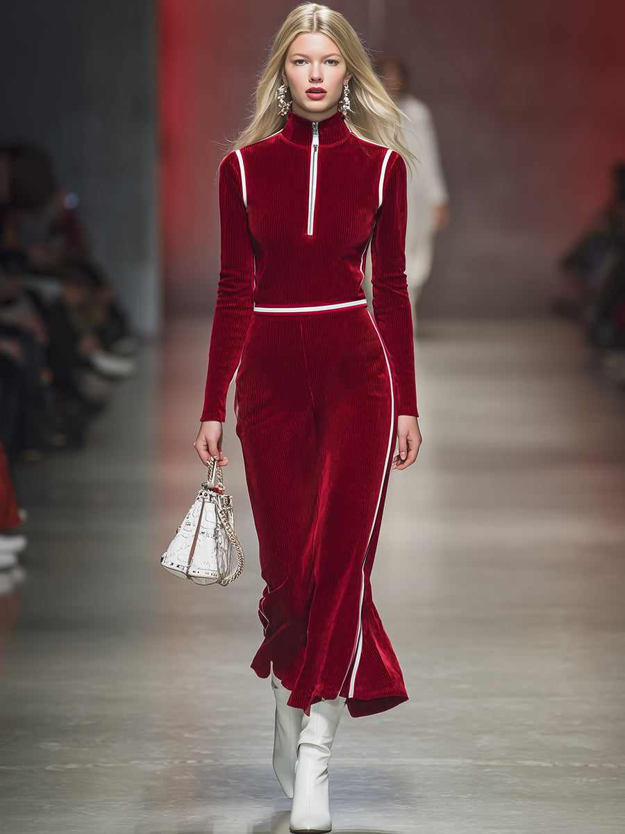 Robe Midi Rétro en Velours Côtelé Rouge avec Col Montant et Demi-Zip