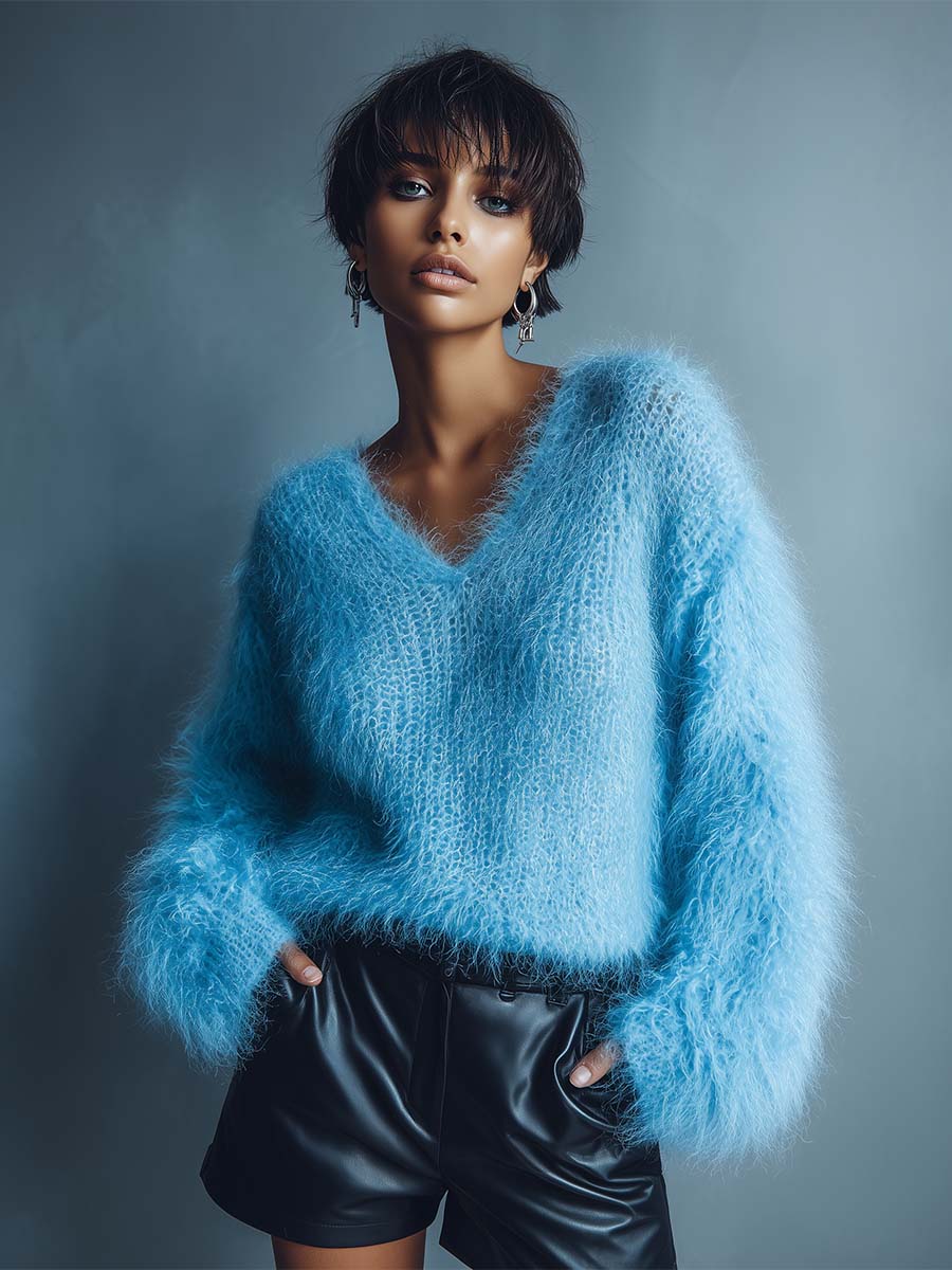 Léger pull en laine bleu clair à col en V - Élégance décontractée