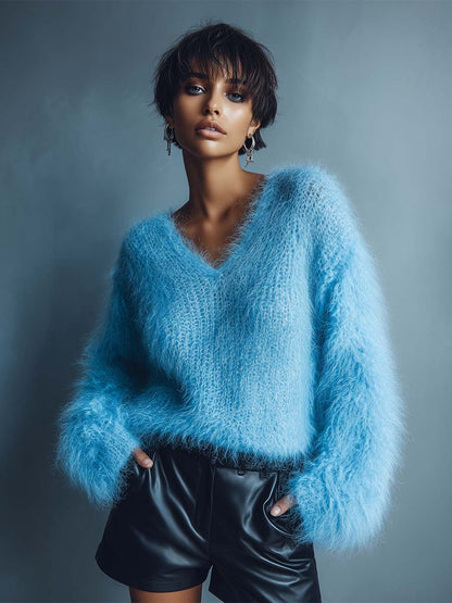 Pull léger en laine bleu clair à col en V - Élégance décontractée