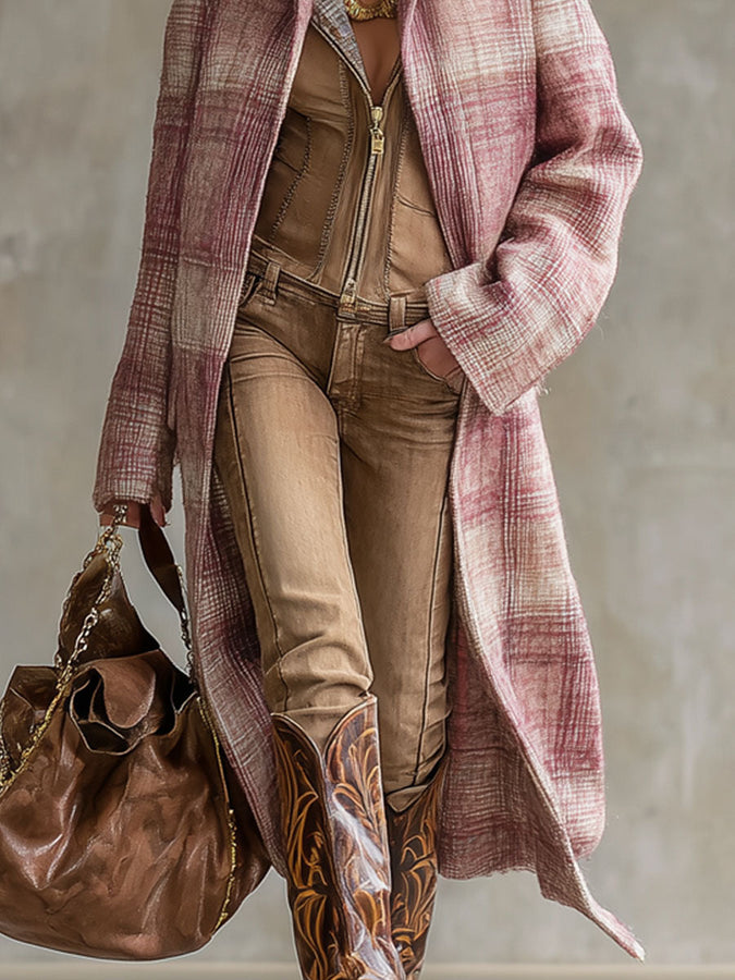 Veste en Laine à Motif Carreaux Roses avec Poches Doubles et Revers Élégants