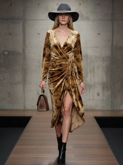 Robe Midi Vintage en Velours Imprimé Caramel : Élégance Rétro au Toucher Doux