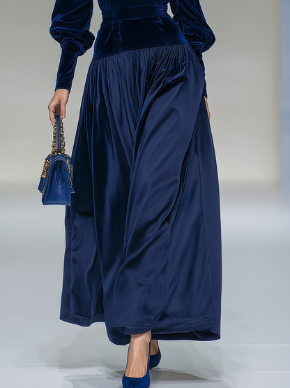 Robe Rétro Élégante en Velours Satin avec Col Montant et Manches Longues Patchwork