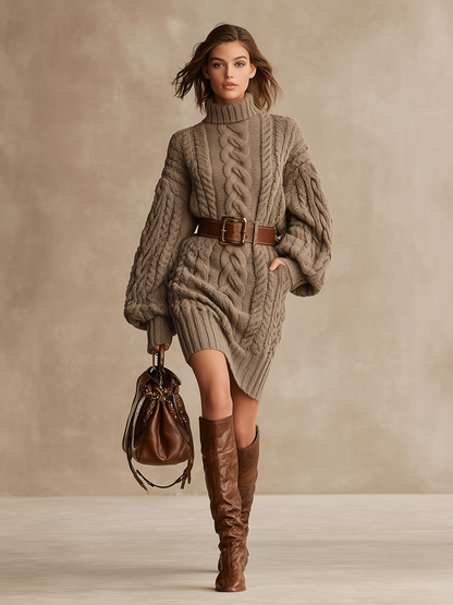 Chic Robe Mini Vintage en Tricot Câble avec Col Roulé et Manches Longues