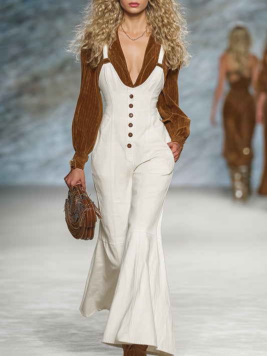 Salopette Blanche avec Éléments de Boutons Vintage Western