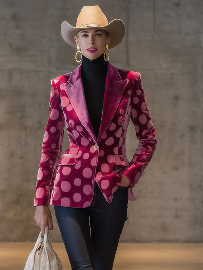 Chic Blazer en Velours à Pois : Élégance Rétro avec un Bouton