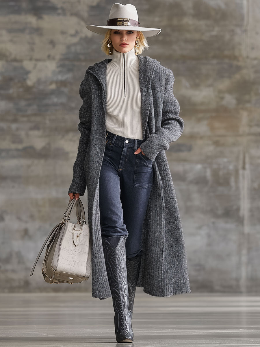 Cardigan à Capuche Vintage en Tricot Gris - Élégance Décontractée