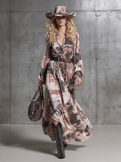Robe Maxi en Velours Camouflage Rose - Élégance Western Rétro