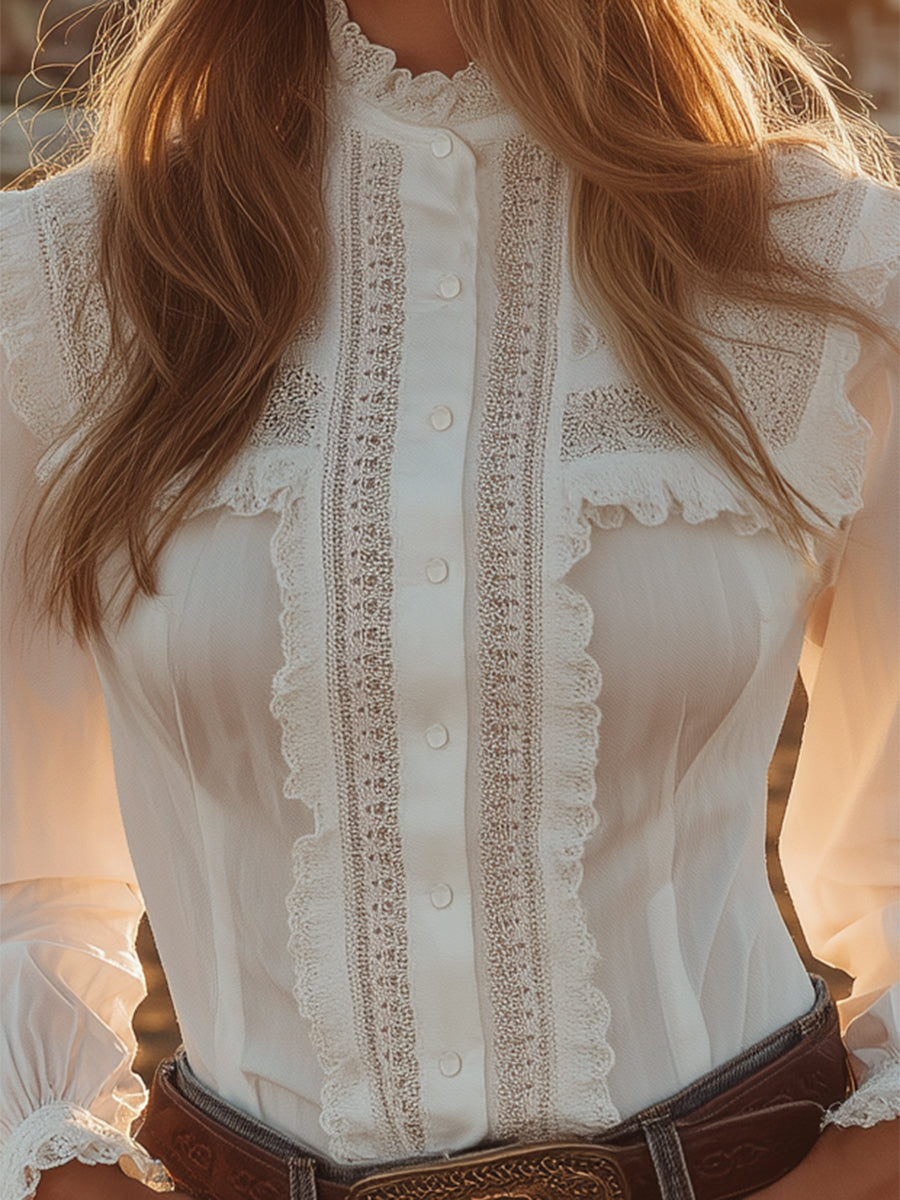 Chemise Blanche à Boutons en Dentelle - Style Western, Expédition Rapide en 24 Heures !