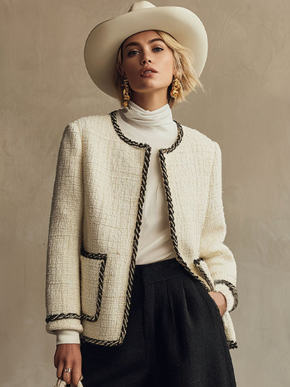 Ensemble Chic en Tweed : Veste à Col Rond et Pantalons Croisés à Jambes Amples