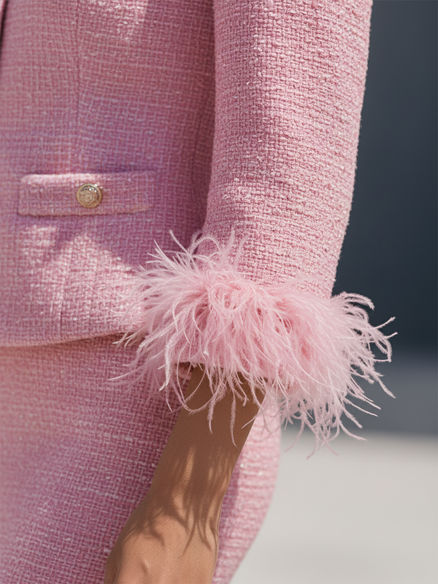 Chic Ensemble en Tweed : Veste à Col Rond et Jupe à Boutonnage Unique