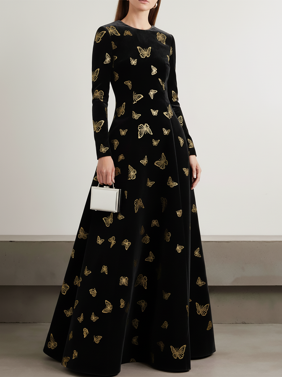 Robe Velours Élégante à Col Rond et Manches Longues, Ornée de Motifs de Papillons Dorés