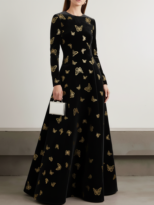 Robe Velours Élégante à Col Rond et Manches Longues, Ornée de Motifs de Papillons Dorés