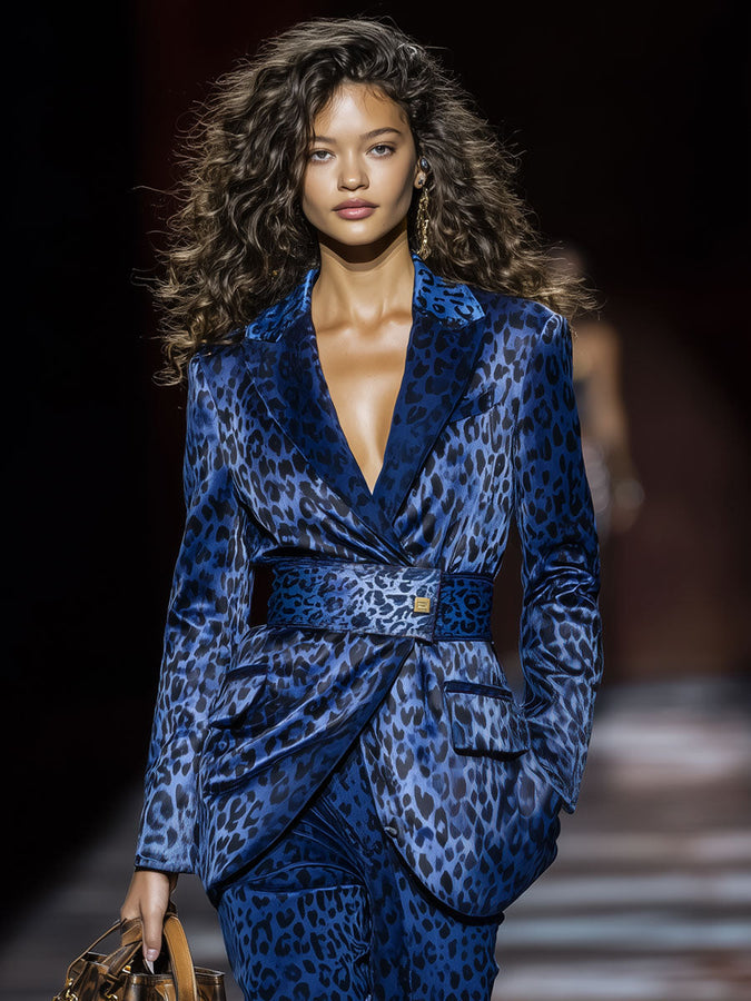 Veste Casual en Satin Imprimé Léopard Bleu Royal