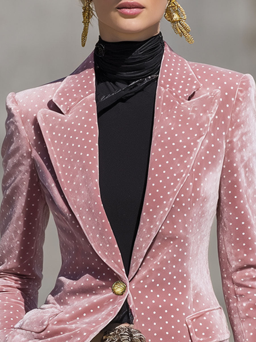 Élégant Blazer en Velours à Pois Blancs Rétro avec Bouton