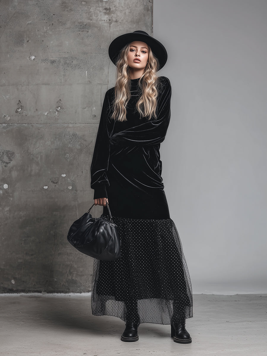 Robe Maxi en Velours Noir à Pois avec Col Mi-Haut Évasé