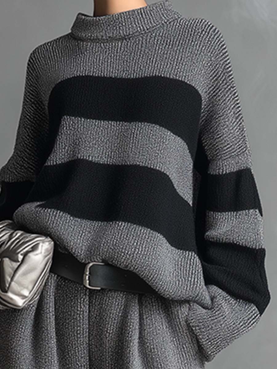 Ensemble Élégant en Tricot Rayé Gris avec Pantalon à Jambes Larges - Chic et Confortable