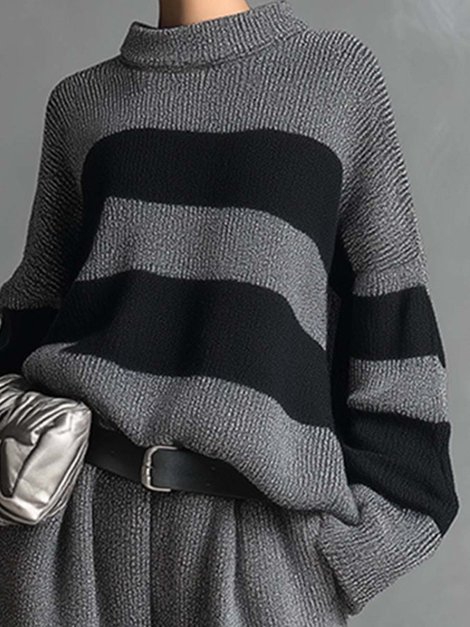 Ensemble Élégant en Tricot Rayé Gris avec Pantalons à Jambes Larges - Chic et Confortable