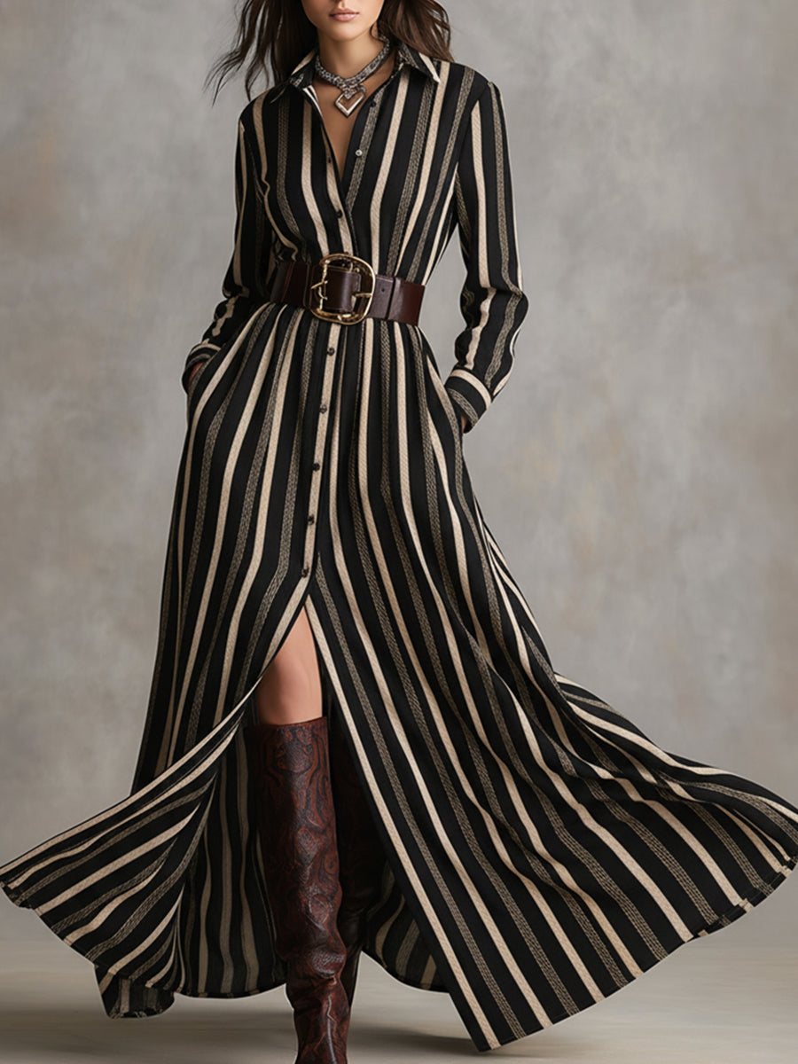 Robe Maxi Retro Ethnique à Boutons - Rayures Marron et Noires