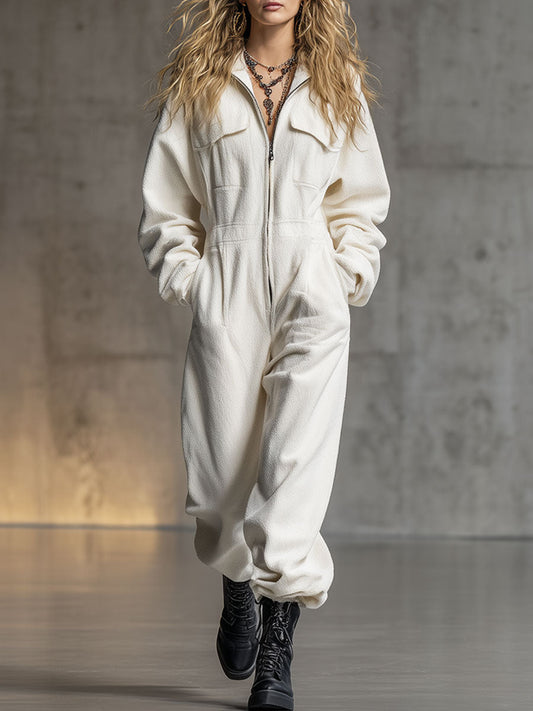Combinaison Zippée en Fleece Polaire Blanc : Élégance Décontractée et Tendance