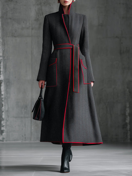 Chic Manteau en Laine Gris à Chevrons avec Détails Rouges Élégants