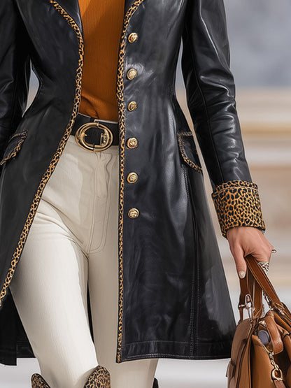 Veste en simili cuir à motif léopard avec col revers