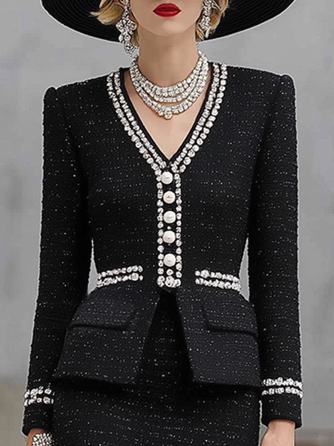 Chic Ensemble en Tweed Noir : Haut et Jupe Élégante