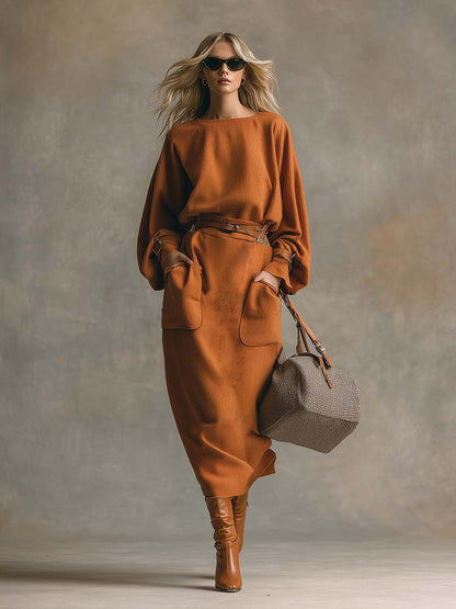 Robe Maxi Évasée en Laine Orange avec Col Rond et Poches Pratiques