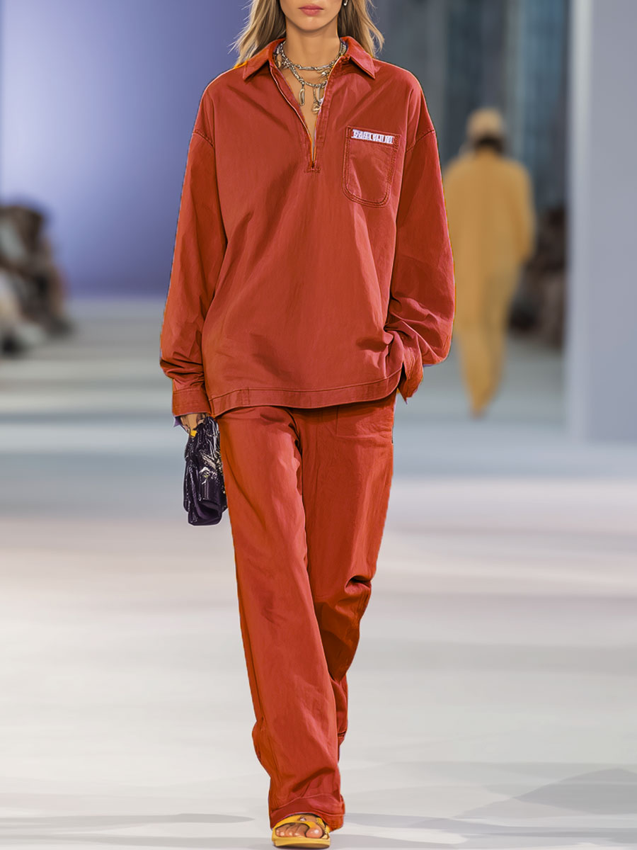 Ensemble Orange Chic : Sweatshirt Brodé à Manches Longues et Pantalon Ample