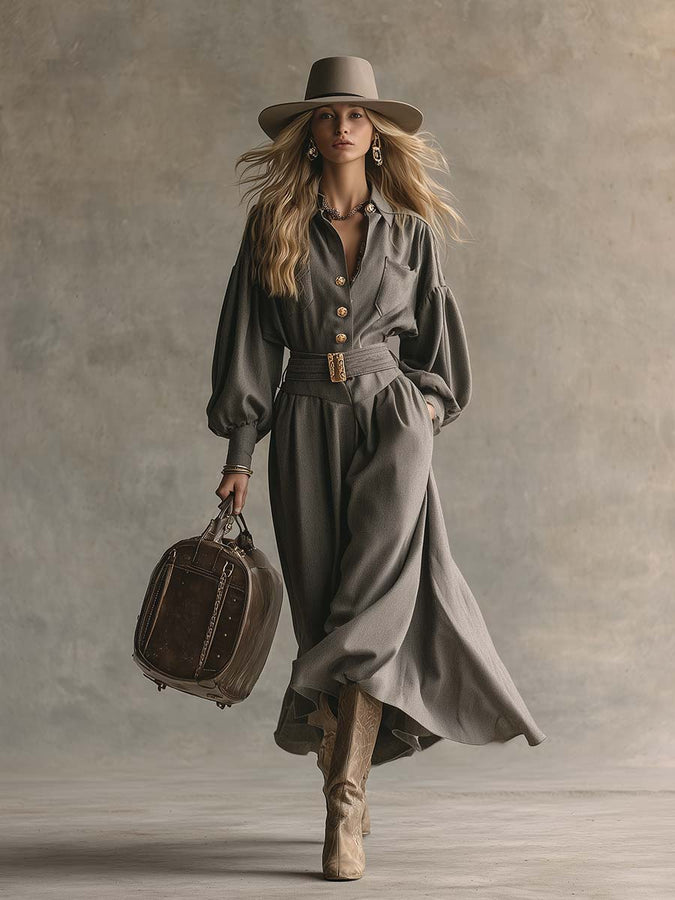 Maxi Robe en Laine Grise : Élégance et Sophistication avec Col Revers