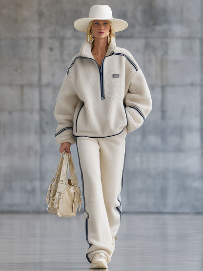 Ensemble Polaire Beige avec Détails Bleus Rétro : Sweatshirt et Pantalon Confort