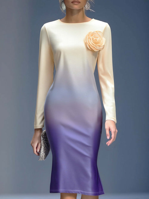 Robe Midi Élégante à Motif Floral 3D en Dégradé Beige et Violet