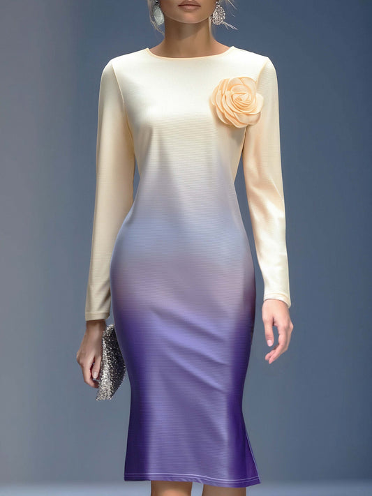 Robe Midi Élégante à Motif Floral 3D en Dégradé Beige et Violet